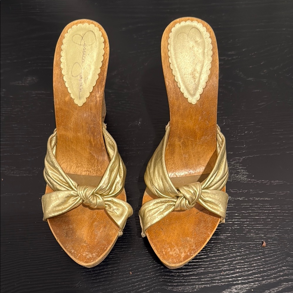 Jessica Simpson Gold Mules with Elegant Embellishments